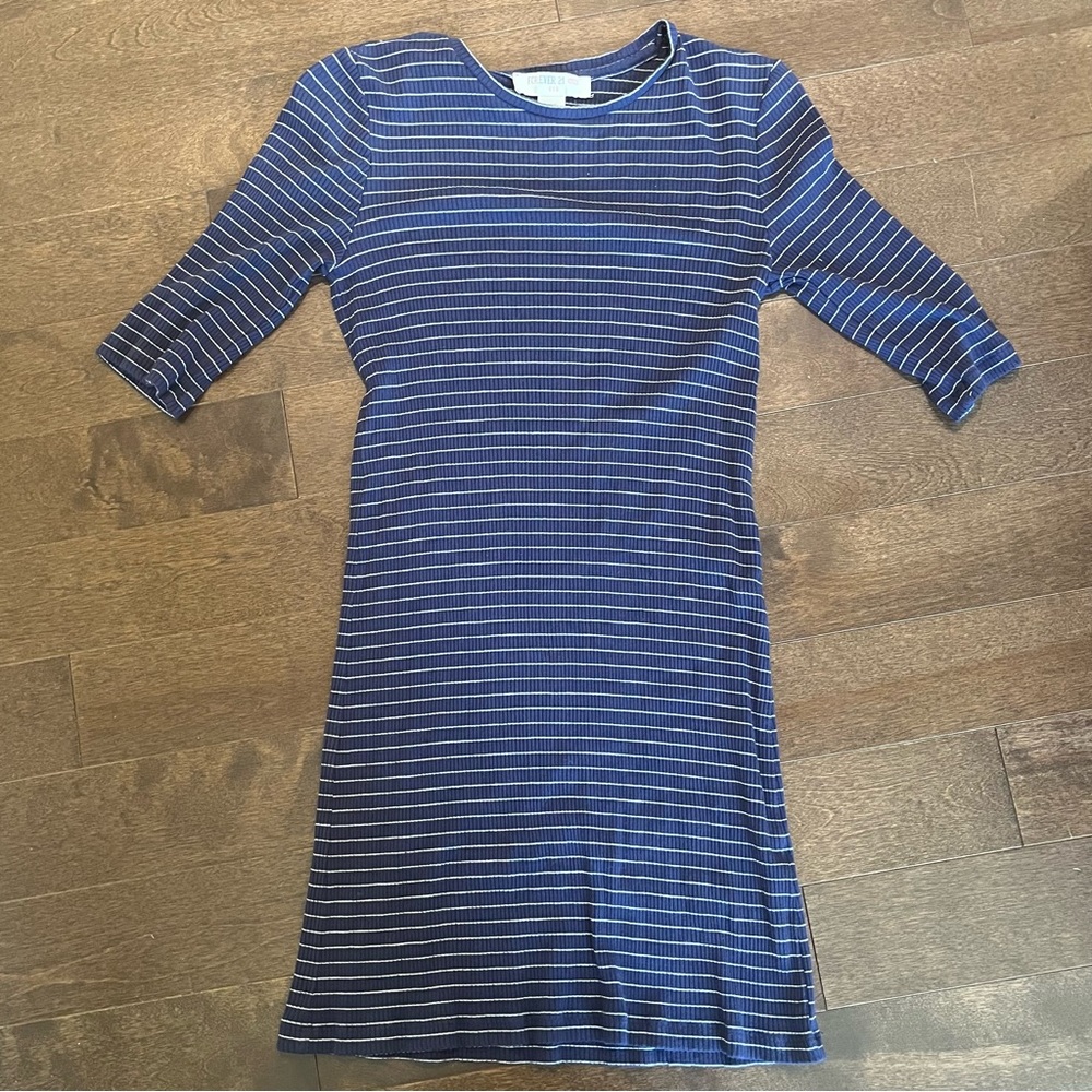 Navy Blue & White Striped Girls Midi Dress